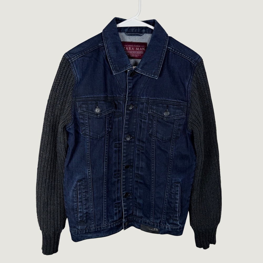 Zara Man Denim Jacket M Dark Wash Blue Trucker Knit Sleeves Mixed Media Coat